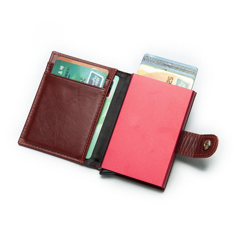 Men's wallet cowhide genuine leather aluminum alloy automatic pop-up RFID anti-theft brush personality business card holder card bag for men