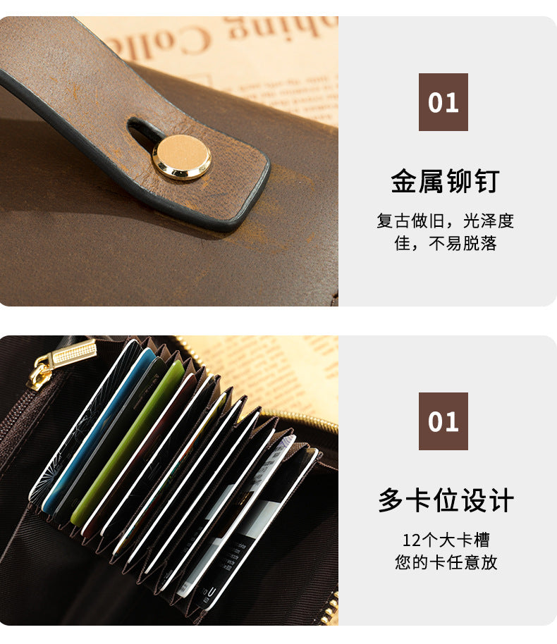 Men's long wallet Made of genuine cowhide leather Retro clutch bag Men's wallet