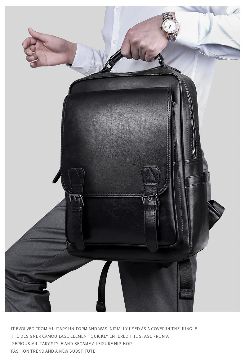Men's backpack, genuine cowhide leather, casual business, travel fashion, waterproof, large capacity, double shoulder backpack