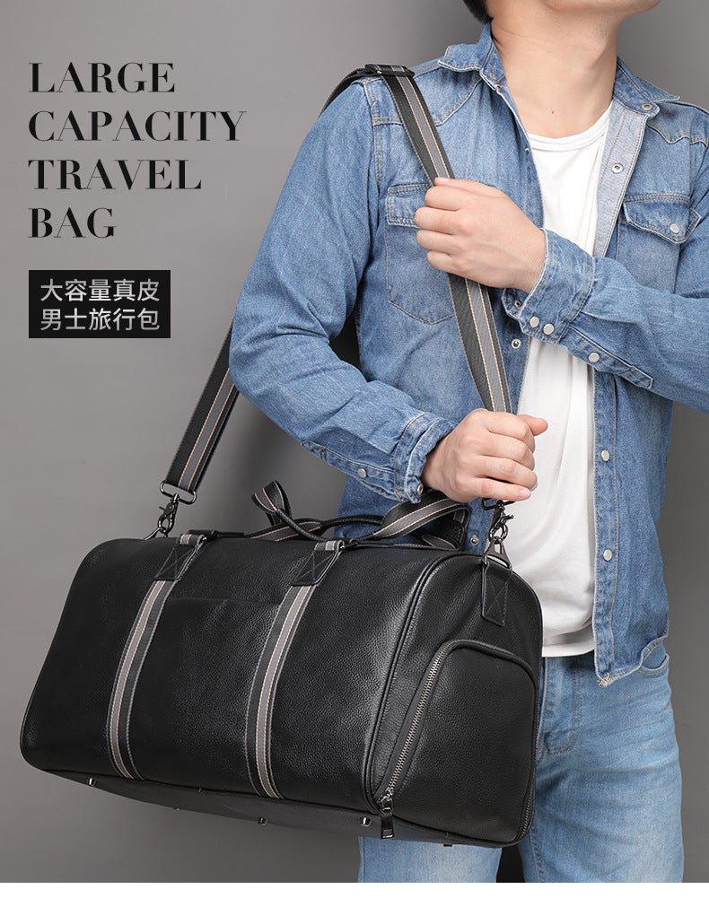 Men's Fitness Bag Genuine Cowhide Leather Dry/Wet Separate Short-distance Luggage Bag Men's Travel Bag Shoulder Bag