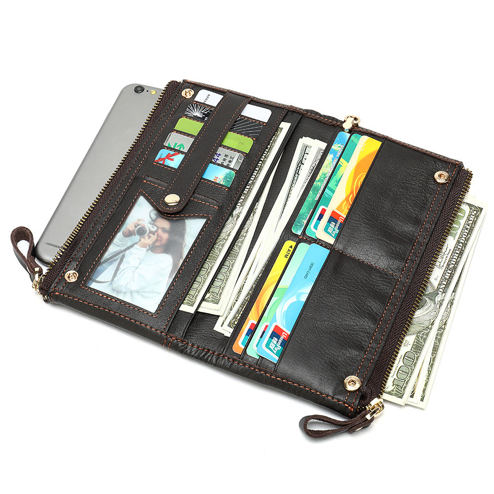 Men's long wallet made of genuine cowhide leather OL commuting large capacity zipper clutch bag