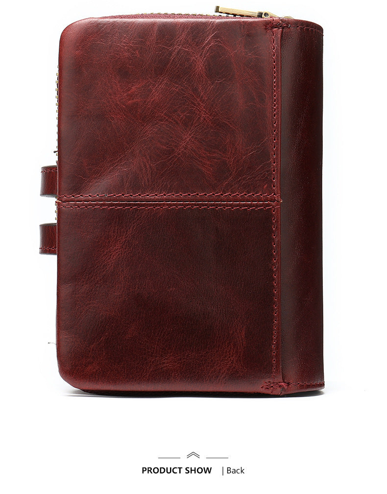 Men's short wallet, genuine cowhide leather, retro coin purse, anti-theft brush, zipper, unisex card bag