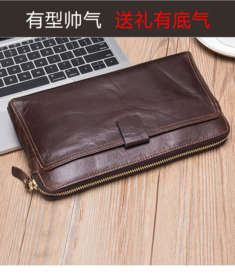 Men's Long Wallet Large Capacity Korean Fashion Genuine Cowhide Leather Card Holder RFID Anti-Theft Clutch Bag Men's Handbag