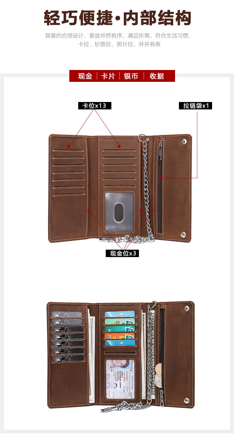 Men's Long Wallet, Cowhide, Genuine Leather, Retro Chain, Multi-Card Holder, Anti-Theft Wallet, Men's Wallet Wrist Bag