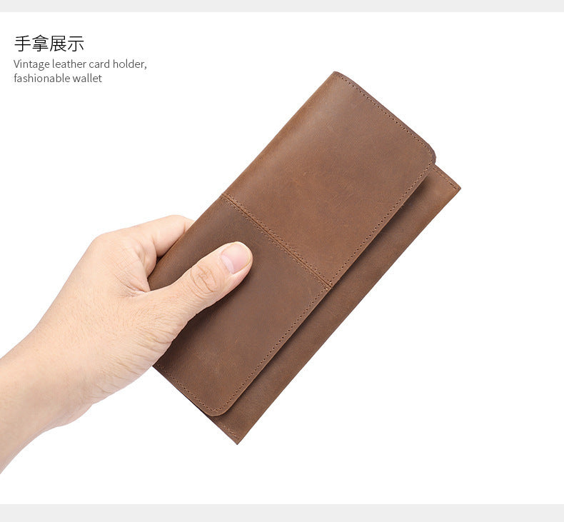 Men's long wallet, genuine cowhide leather, zipper, thin business card holder, wallet for men