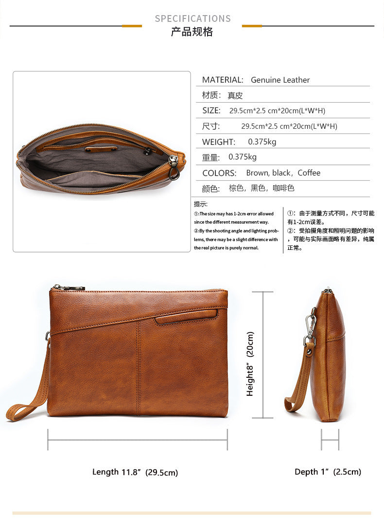 Men's Clutch Bag, Cowhide Genuine Leather, Large Capacity, Retro Fashion, Men's Handbag