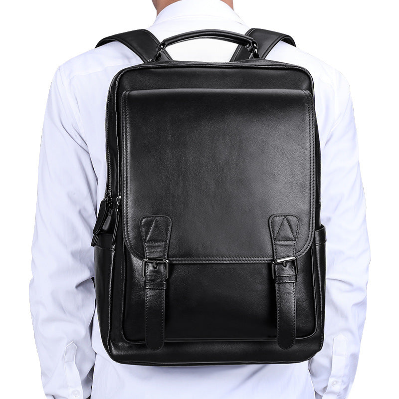 Men's backpack, genuine cowhide leather, casual business, travel fashion, waterproof, large capacity, double shoulder backpack