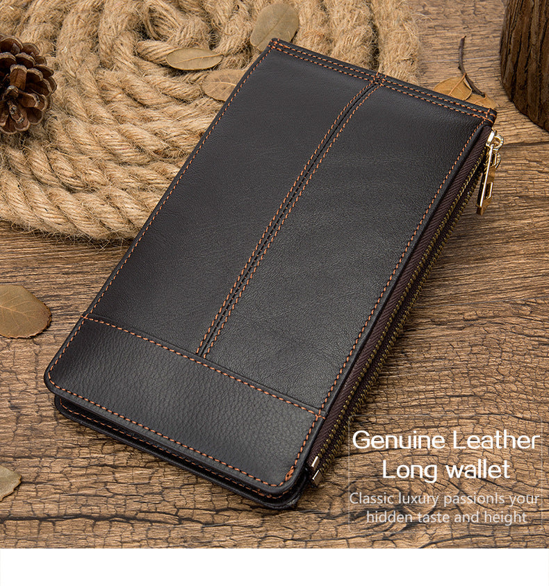 Men's long wallet made of genuine cowhide leather large capacity clutch bag Korean fashion unique zipper men's wallet