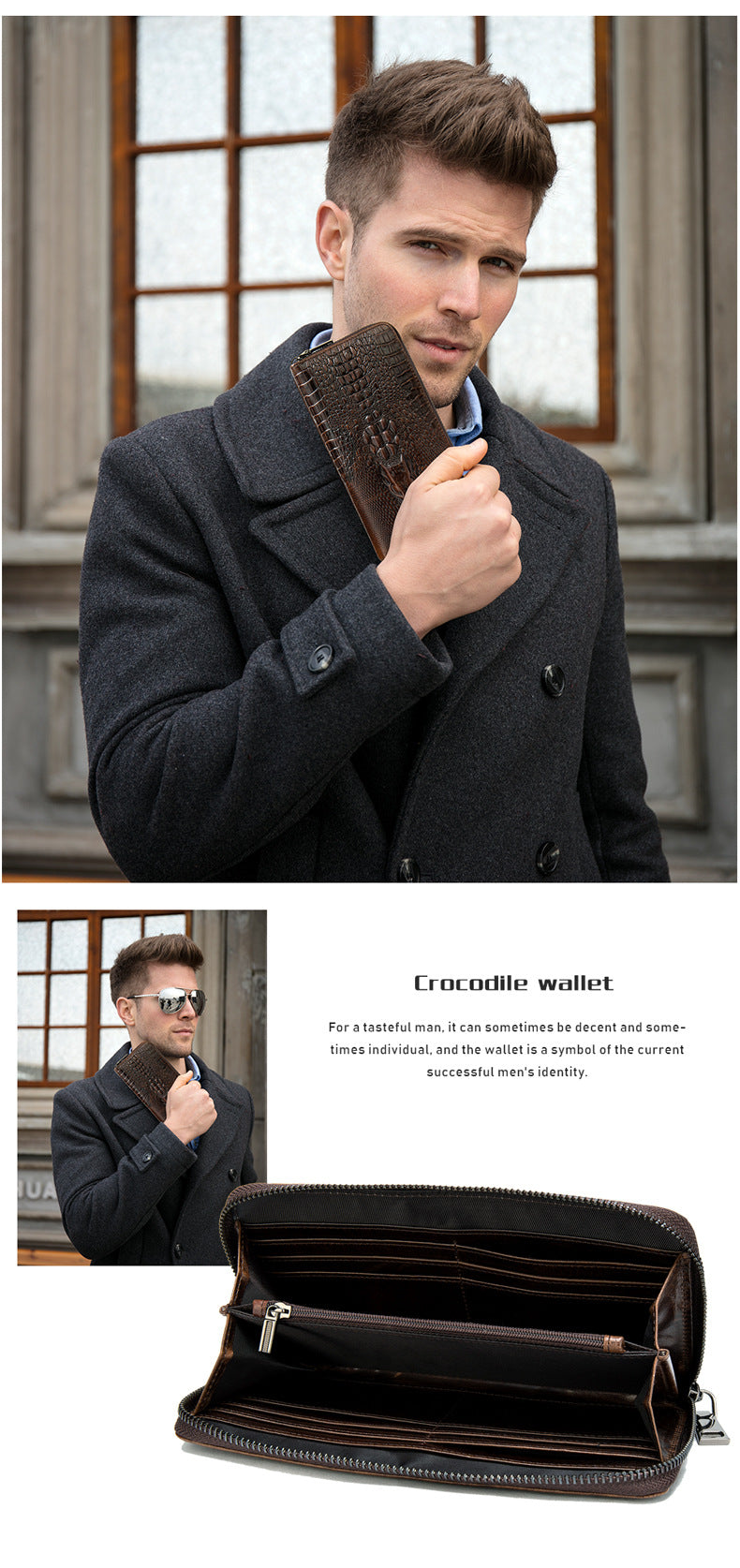 Men's Long Wallet Retro Crocodile Crest Cow Leather Card Holder Anti-Theft Brush RFID Men's Clutch Bag