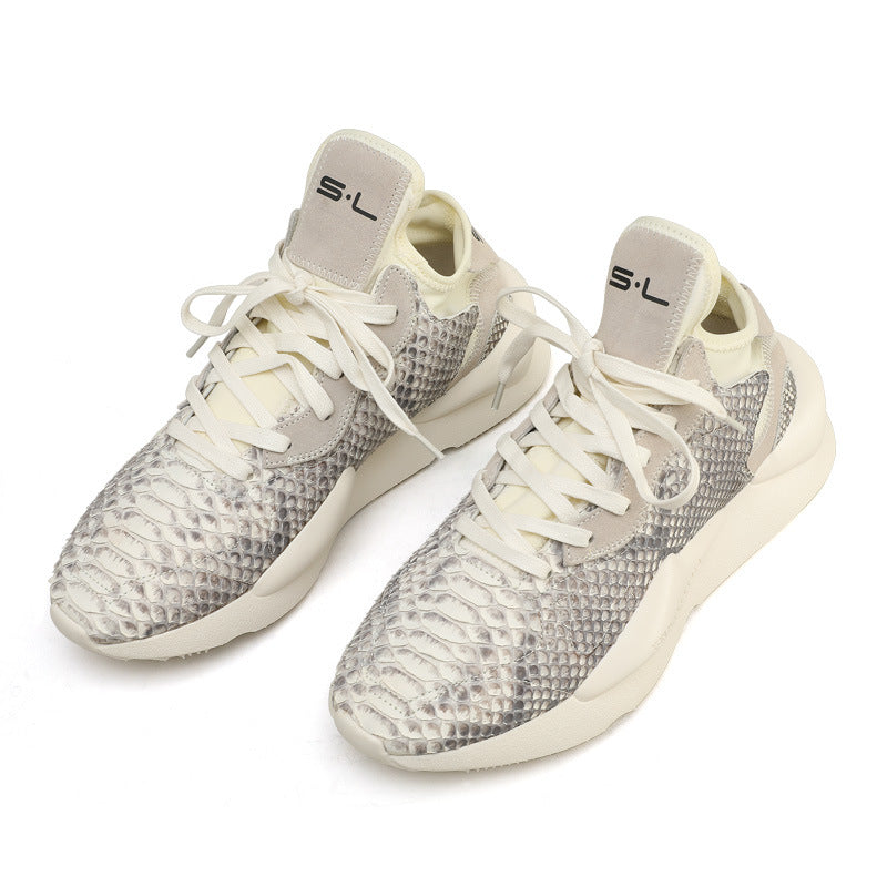 Python Skin Genuine Leather Men's Sneakers Casual Wear-resistant Breathable Thick Sole Men's Shoes