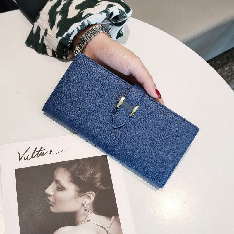 Simple Ladies Cowhide Handbag Lychee Pattern Fashion Long Bifold Wallet Genuine Leather Wallet