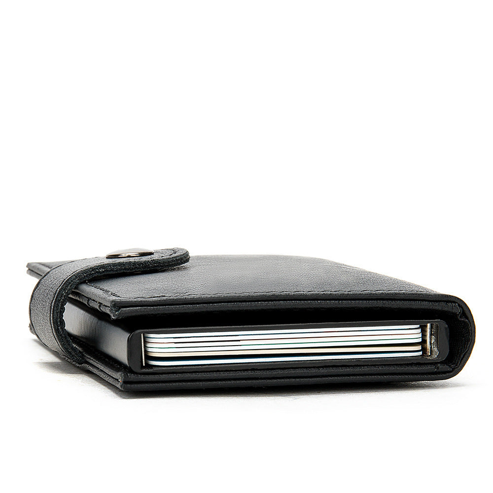 Men's wallet cowhide genuine leather aluminum alloy automatic pop-up RFID anti-theft brush personality business card holder card bag for men