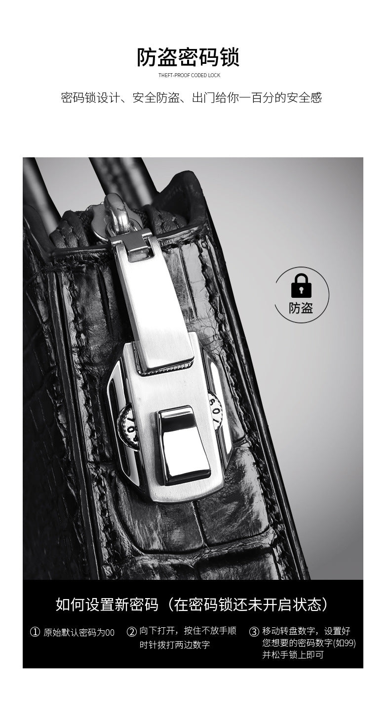Siamese crocodile bone skin men's briefcase handbag anti-theft security lock genuine leather luxury business bag handbag