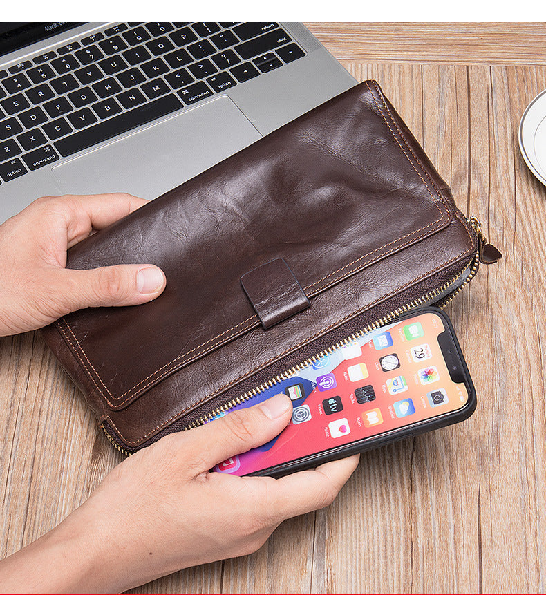Men's Long Wallet Large Capacity Korean Fashion Genuine Cowhide Leather Card Holder RFID Anti-Theft Clutch Bag Men's Handbag