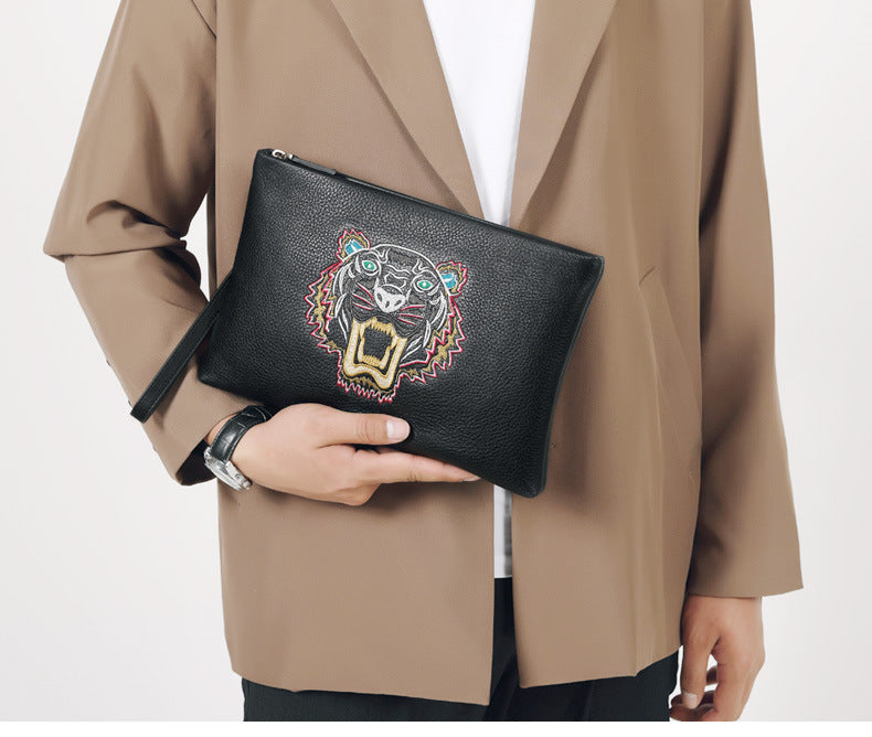 Men's Clutch Bag Genuine Cowhide Leather Casual Fashion Tiger Head Embroidery Men's Handbag