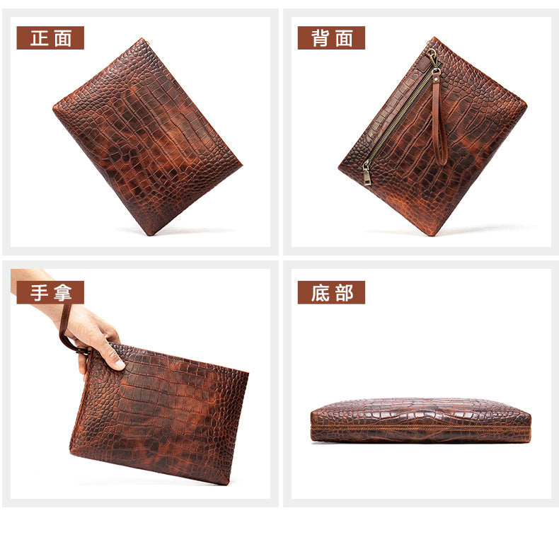Men's Clutch Bag Business Crocodile Crest Cow Leather Handbag for Men