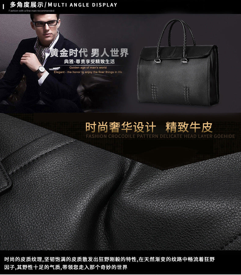 Men's Handbag Genuine Leather Cowhide Fashion Business Large Capacity Business Briefcase Computer Bag Hand-knitted Men's Handbag