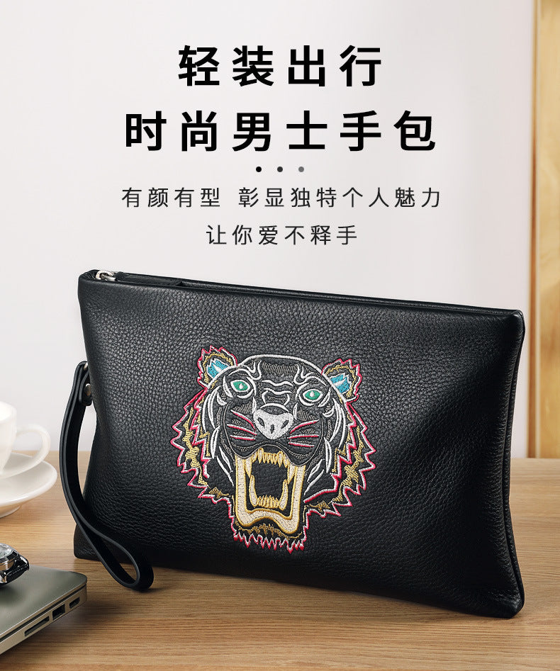 Men's Clutch Bag Genuine Cowhide Leather Casual Fashion Tiger Head Embroidery Men's Handbag