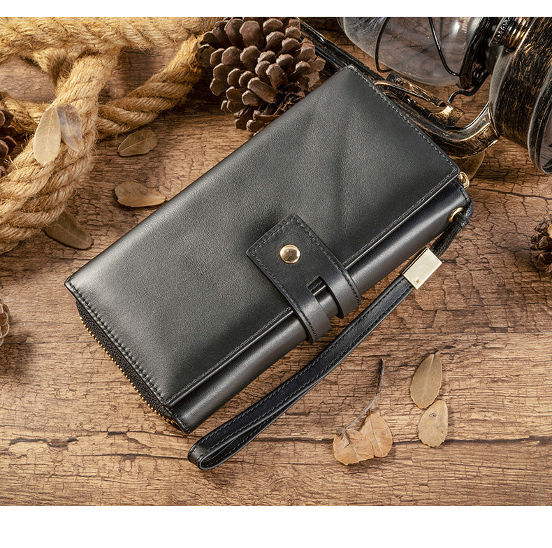 Men's long wallet, large capacity wallet, genuine cowhide leather, zipper clutch bag, handbag for men