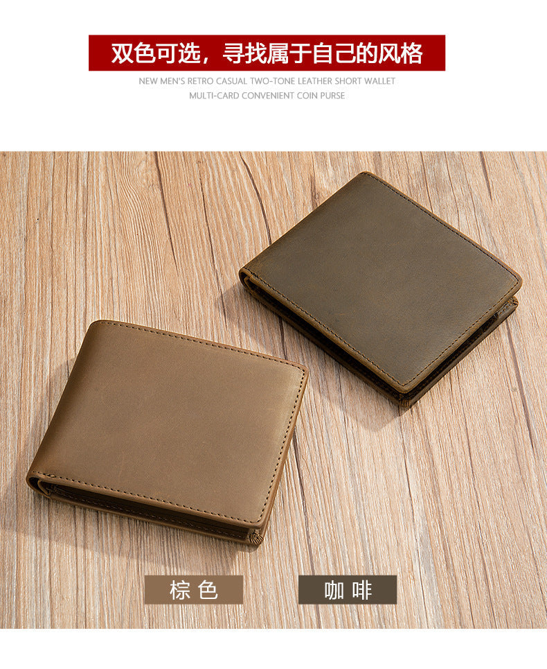 Men's Short Wallet Cow Leather Retro Crazy Horse Handmade Men's Wallet