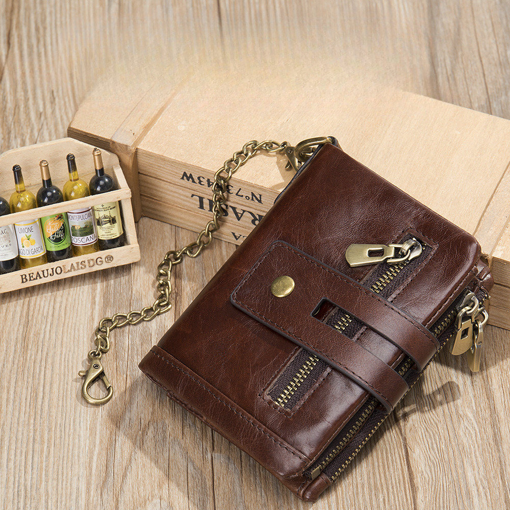 Men's short wallet made of genuine cowhide leather with multi-functional zipper and card bag wallet for men