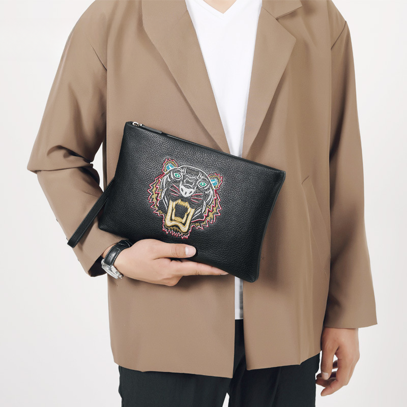 Men's Clutch Bag Genuine Cowhide Leather Casual Fashion Tiger Head Embroidery Men's Handbag
