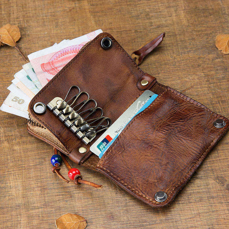Men's wallet, genuine cowhide leather, key chain, coin purse, zipper, multi-function, large capacity, card bag for men 