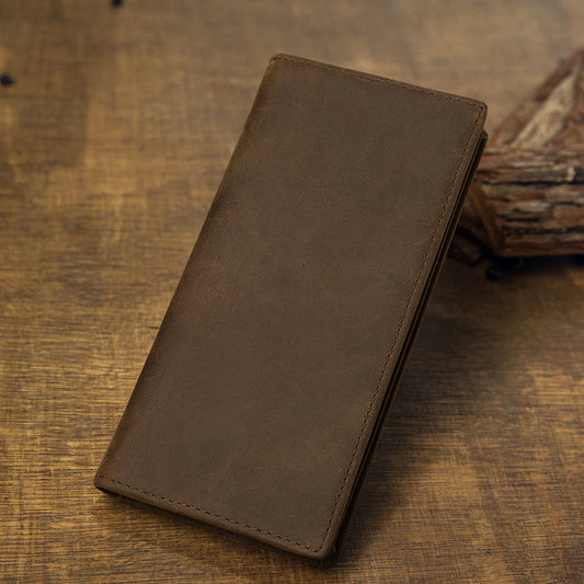 Men's long wallet, genuine cowhide leather, Crazy Horse, handmade, ultra-thin, bi-fold, card holder, simple, retro wallet for men 