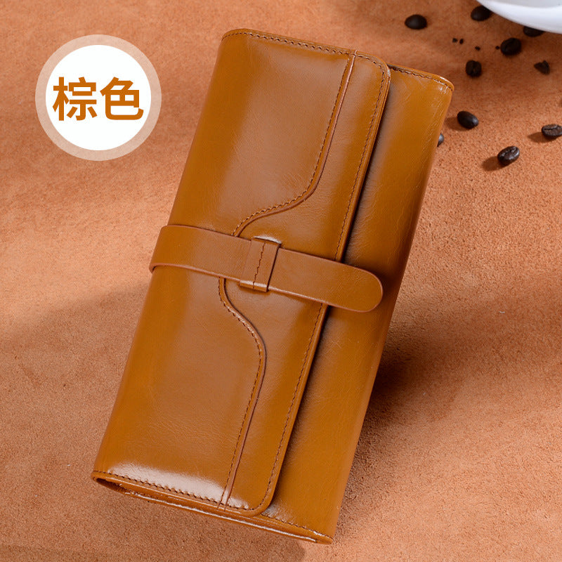 Ladies wallet large capacity trifold wallet clutch bag retro cowhide wallet fashion long wallet