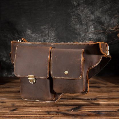Men's Waist Pouch Cowhide Genuine Leather Outdoor Fashion Bust Bag for Men 