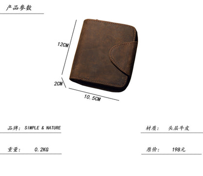 Men's Short Wallet Handcrafted Original Crazy Horse Cowskin Genuine Leather Zipper Coin Purse Korean Fashion Individuality Men's Wallet 