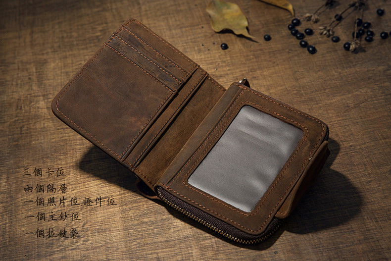 Men's Short Wallet Handcrafted Original Crazy Horse Cowskin Genuine Leather Zipper Coin Purse Korean Fashion Individuality Men's Wallet 