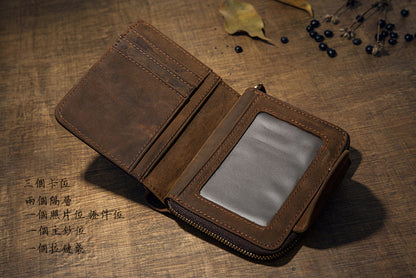 Men's Short Wallet Handcrafted Original Crazy Horse Cowskin Genuine Leather Zipper Coin Purse Korean Fashion Individuality Men's Wallet 