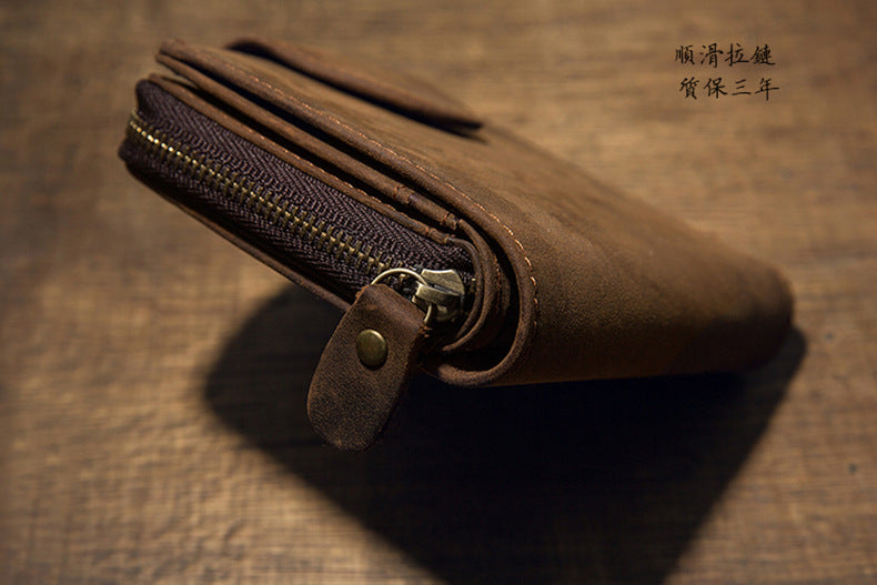Men's Short Wallet Handcrafted Original Crazy Horse Cowskin Genuine Leather Zipper Coin Purse Korean Fashion Individuality Men's Wallet 