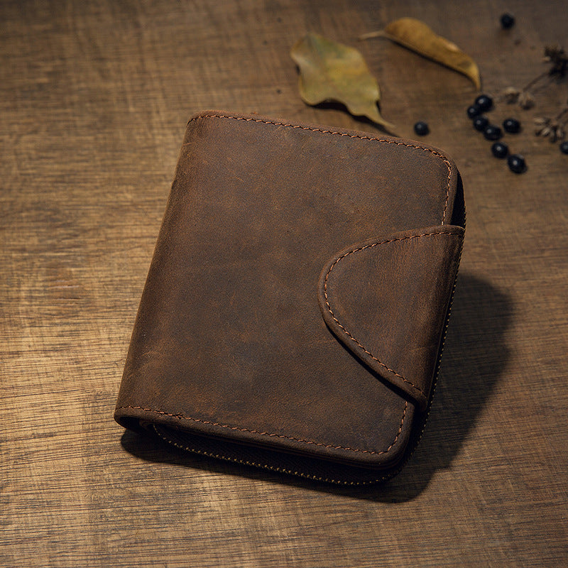 Men's Short Wallet Handcrafted Original Crazy Horse Cowskin Genuine Leather Zipper Coin Purse Korean Fashion Individuality Men's Wallet 