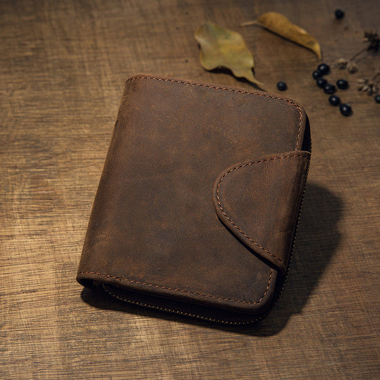Men's Short Wallet Handcrafted Original Crazy Horse Cowskin Genuine Leather Zipper Coin Purse Korean Fashion Individuality Men's Wallet 