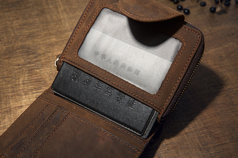 Men's Short Wallet Handcrafted Original Crazy Horse Cowskin Genuine Leather Zipper Coin Purse Korean Fashion Individuality Men's Wallet 