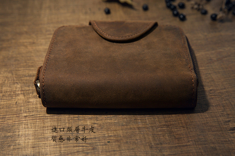 Men's Short Wallet Handcrafted Original Crazy Horse Cowskin Genuine Leather Zipper Coin Purse Korean Fashion Individuality Men's Wallet 