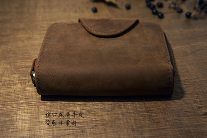 Men's Short Wallet Handcrafted Original Crazy Horse Cowskin Genuine Leather Zipper Coin Purse Korean Fashion Individuality Men's Wallet 