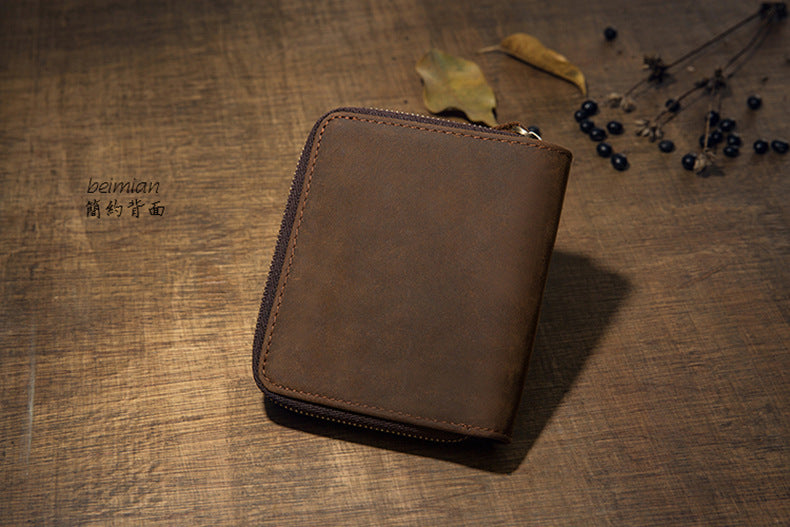 Men's Short Wallet Handcrafted Original Crazy Horse Cowskin Genuine Leather Zipper Coin Purse Korean Fashion Individuality Men's Wallet 