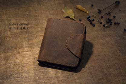 Men's Short Wallet Handcrafted Original Crazy Horse Cowskin Genuine Leather Zipper Coin Purse Korean Fashion Individuality Men's Wallet 
