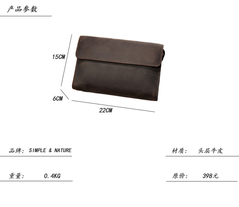 Men's Wallet Genuine Cowhide Leather Handmade Original Crazy Horse Clutch Bag Retro Mobile Phone Bag Men's Wallet 