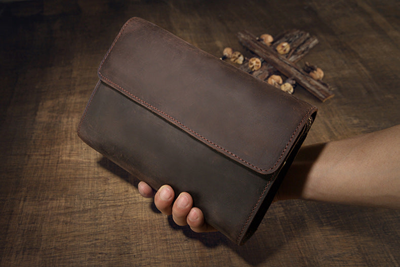 Men's Wallet Genuine Cowhide Leather Handmade Original Crazy Horse Clutch Bag Retro Mobile Phone Bag Men's Wallet 