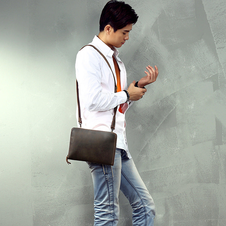 Men's Shoulder Bag Fashion Genuine Cowhide Leather Crazy Horse Retro Casual Simple Crossbody Bag 