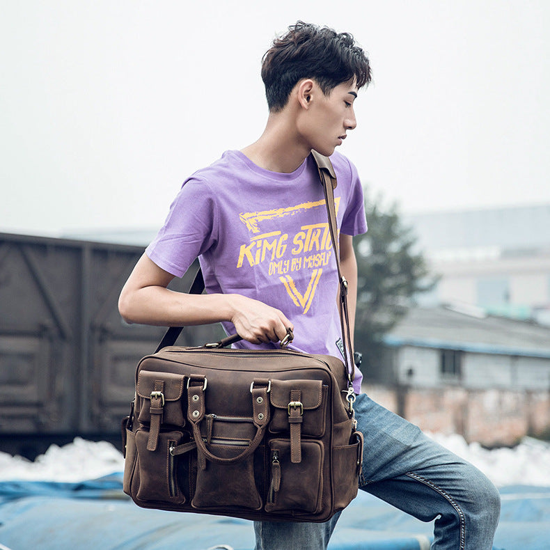Men's Shoulder Bag Crossbody Bag Handmade Crazy Horse Cowhide Genuine Leather Travel Bag Handbag Bag Men's Handbag 