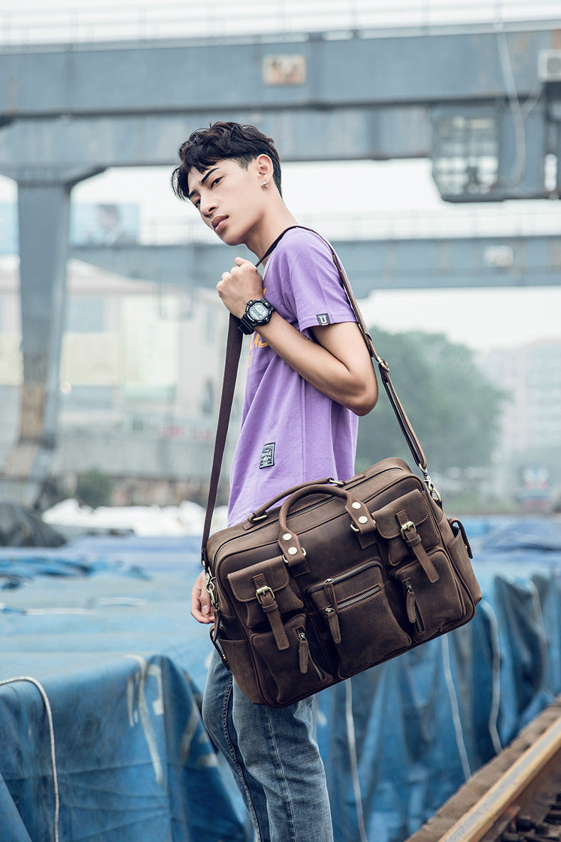 Men's Shoulder Bag Crossbody Bag Handmade Crazy Horse Cowhide Genuine Leather Travel Bag Handbag Bag Men's Handbag 