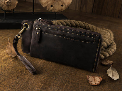 Men's long wallet Handmade cowhide genuine leather Crazy Horse Retro card bag Large capacity zipper Men's wallet Mobile phone bag