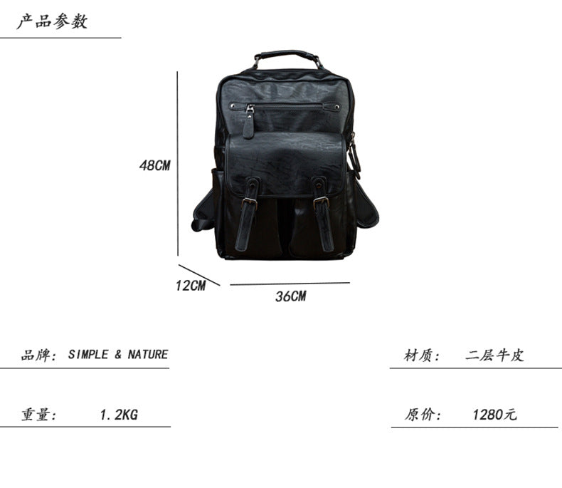 Men's Rucksack Original Handmade Genuine Cowhide Leather Simple Casual Computer Bag Large Capacity Travel Bag for Men 