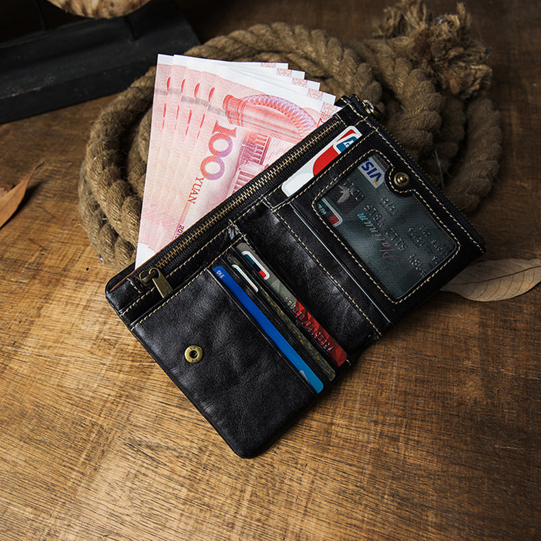 Men's short wallet, cowhide, genuine leather, handmade, original, casual, zipper, unique, Korean fashion, simple wallet for men 
