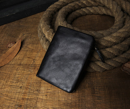 Men's short wallet, cowhide, genuine leather, handmade, original, casual, zipper, unique, Korean fashion, simple wallet for men 